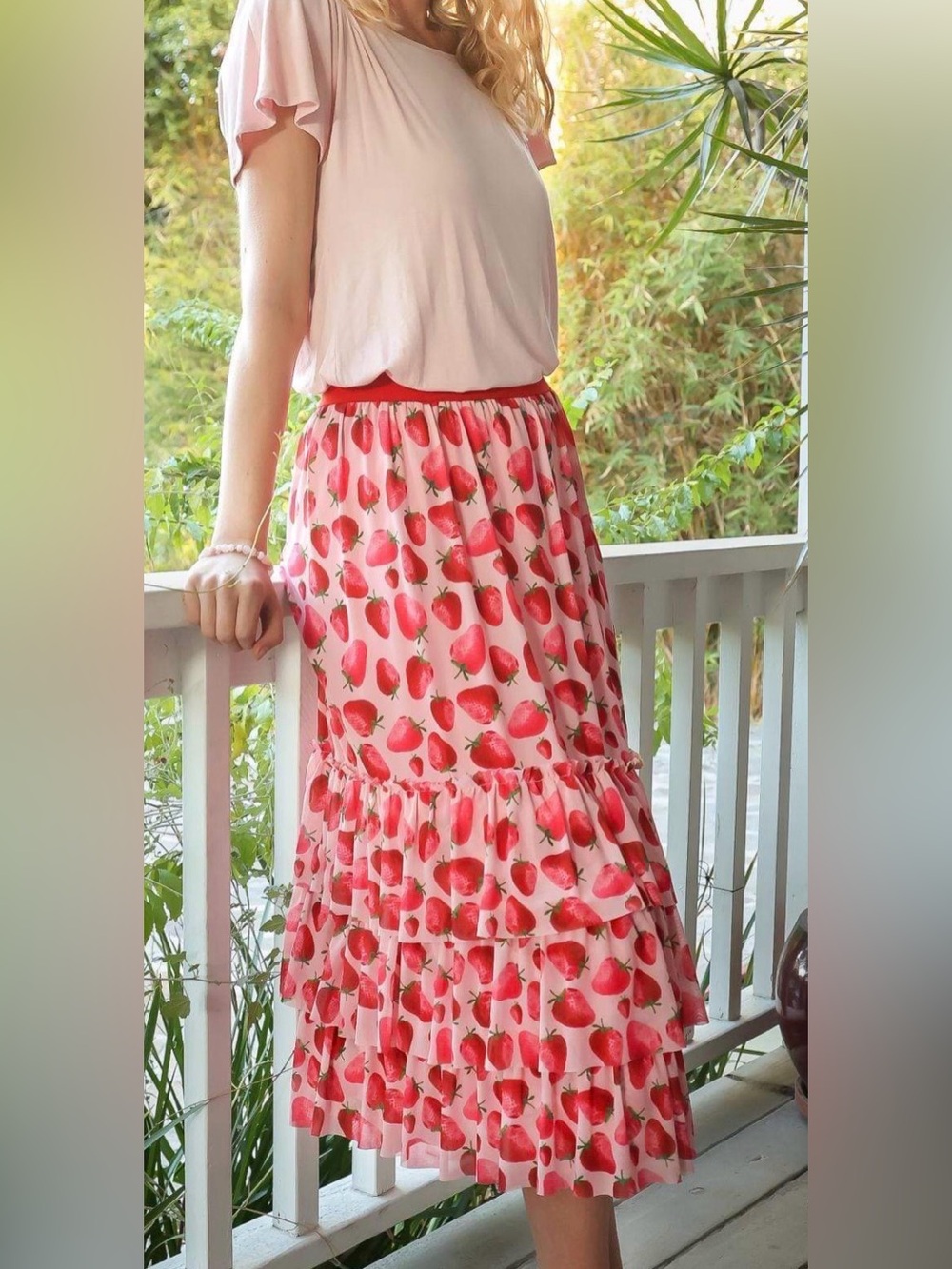 Eva Franco Pink Strawberry Print Tiered Maxi Skirt